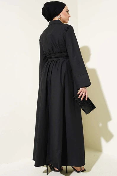 Bel Lastikli Önü Bağlamalı Poplin Elbise Siyah - 3