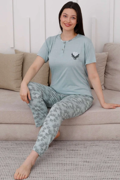 İki Düğmeli Desenli Viskon Pijama Takımı Mint