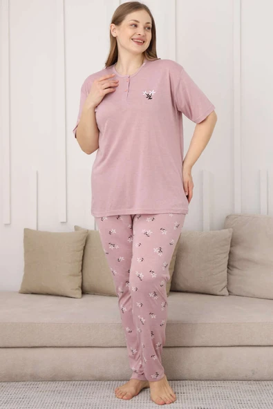 Çiçek Baskılı Kısa Kol Büyük Beden Pijama Takım Pudra - Resim 2