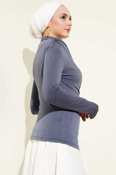 Balıkçı Yaka Yan Büzgülü Sandy Bluz Füme - Resim 3