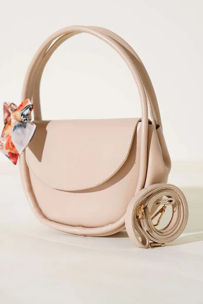 Fularlı Oval Kesim Çanta Bej - 1