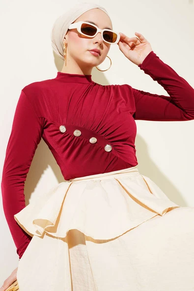Düğmeli Büzgülü Sandy Bluz Bordo