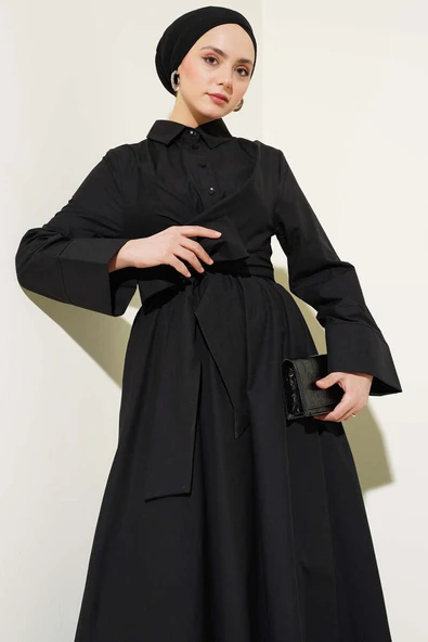 Bel Lastikli Önü Bağlamalı Poplin Elbise Siyah - 2