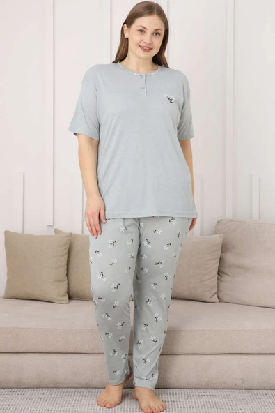 Çiçek Baskılı Kısa Kol Büyük Beden Pijama Takım Su Yeşili