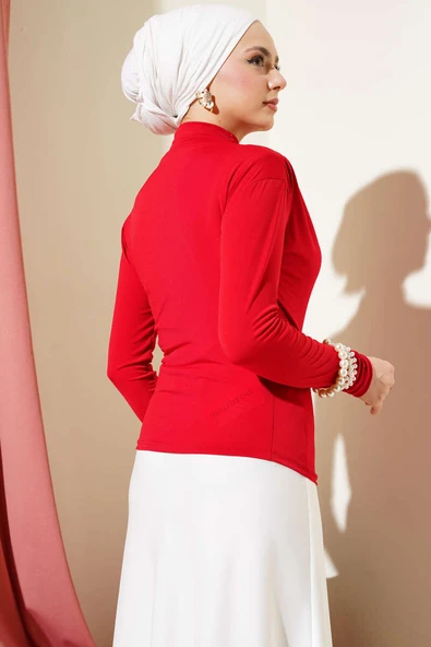 Balıkçı Yaka Yan Büzgülü Sandy Bluz Kırmızı - Resim 3