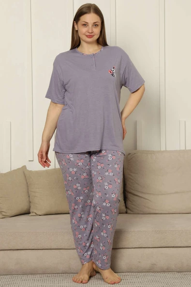 Çiçekli Kısa Kol Viskon Büyük Beden Pijama Takım Lila ürün görseli 1
