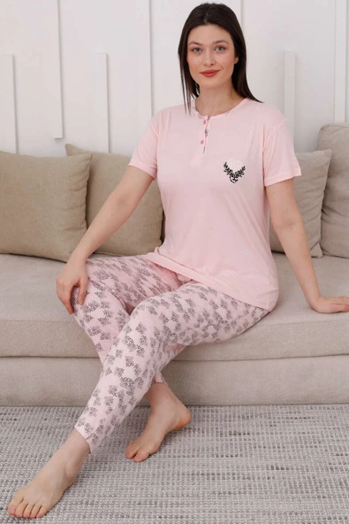 İki Düğmeli Desenli Viskon Pijama Takımı Yavru Ağzı ürün görseli 1