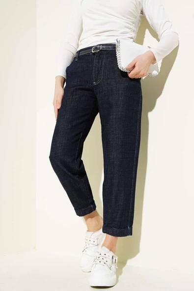 Kemerli Dar Paça Kot Pantolon Lacivert