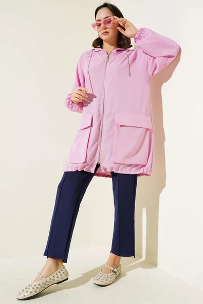 Çift Cepli Fermuarlı Hırka Pudra - Resim 2