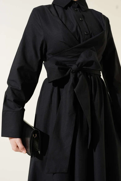 Bel Lastikli Önü Bağlamalı Poplin Elbise Siyah - 4