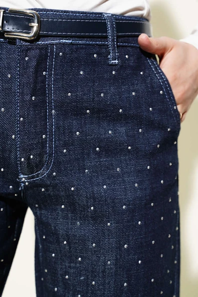 Kemerli Taş Süslemeli Kot Pantolon Lacivert - Resim 4