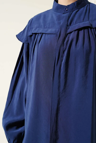 Omuz Fırfırlı Tencel Tunik İkili Takım Lacivert - Resim 4