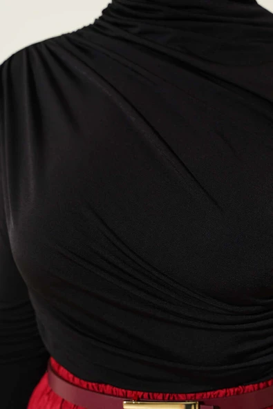 Balıkçı Yaka Yan Büzgülü Sandy Bluz Siyah - Resim 4