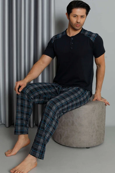 Kısa Kol Ekoseli Erkek Pijama Takım Lacivert