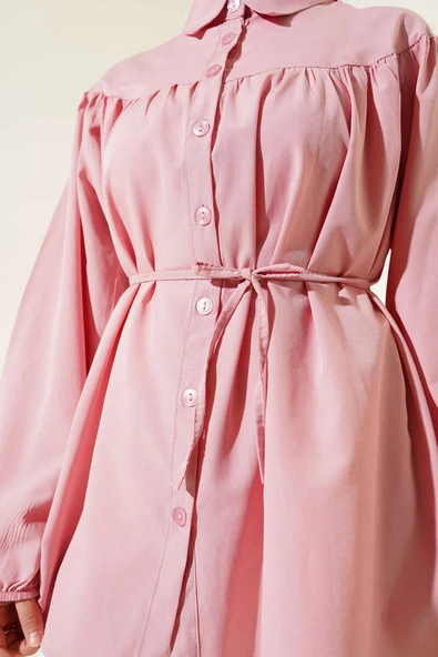 Göğüs Büzgülü Gömlek Pudra - Resim 4
