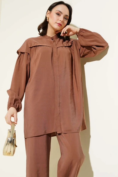 Omuz Fırfırlı Tencel Tunik İkili Takım Kahve - Resim 2