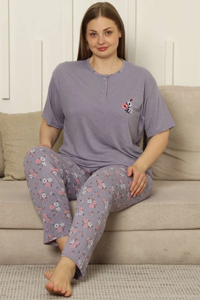 Çiçekli Kısa Kol Viskon Büyük Beden Pijama Takım Lila - Resim 2
