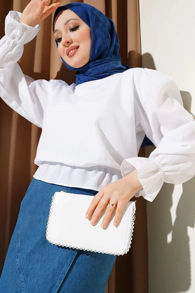 Kol ve Bel Lastikli Kısa Gömlek Beyaz