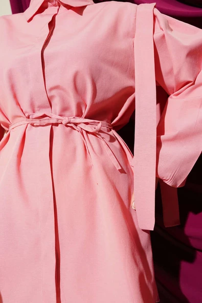 İp Kuşaklı Omuz Pelerinli Gömlek Pudra - 4