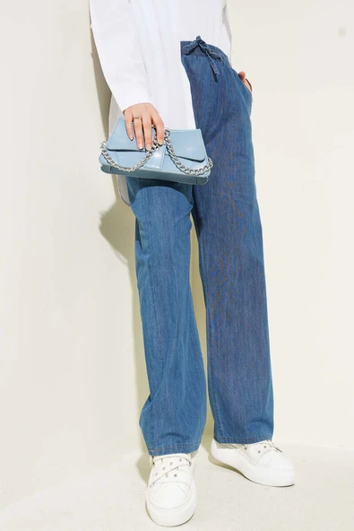 Bel Lastikli Cepli Kot Pantolon Mavi - Resim 1