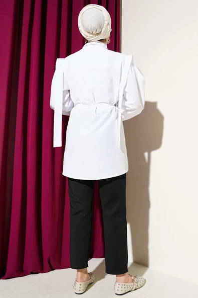 İp Kuşaklı Omuz Pelerinli Gömlek Beyaz - 3
