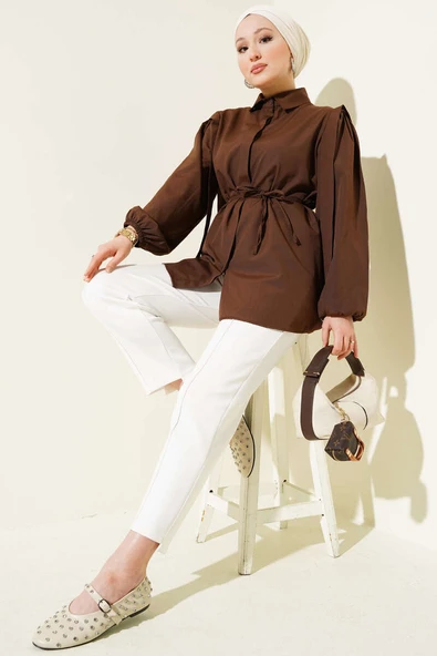 İp Kuşaklı Omuz Pelerinli Gömlek Kahve - 2