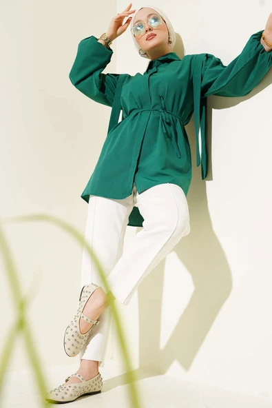 İp Kuşaklı Omuz Pelerinli Gömlek Zümrüt - Resim 2