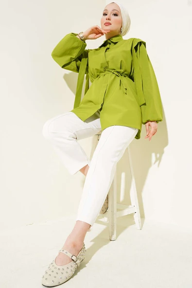 İp Kuşaklı Omuz Pelerinli Gömlek Yeşil - 2