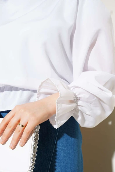 Kol ve Bel Lastikli Kısa Gömlek Beyaz - 4