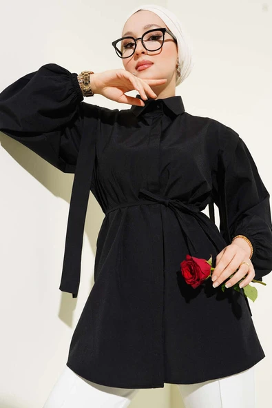 İp Kuşaklı Omuz Pelerinli Gömlek Siyah ürün görseli 1
