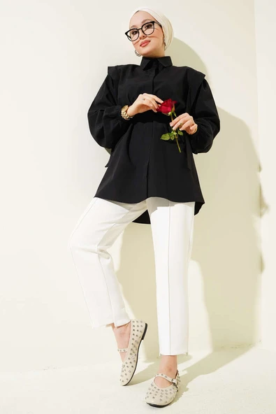 İp Kuşaklı Omuz Pelerinli Gömlek Siyah - Resim 2