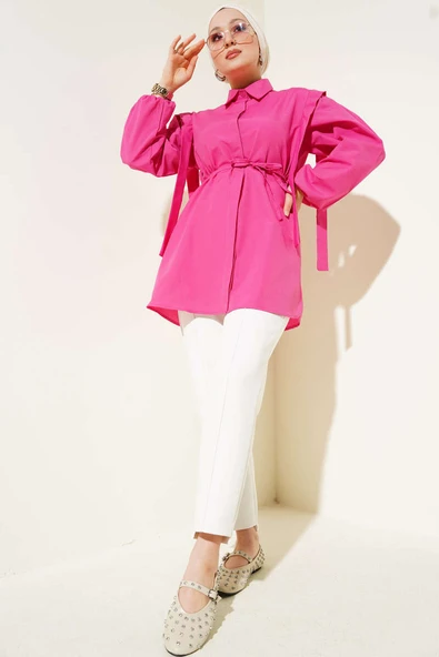 İp Kuşaklı Omuz Pelerinli Gömlek Fuşya - Resim 2