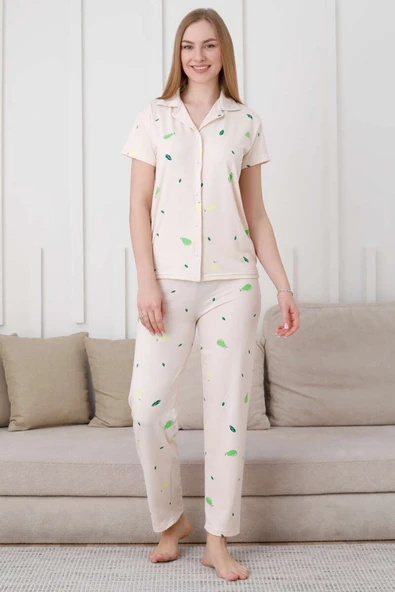 Armut Desen Düğmeli Kısa Kol Pijama Takım Bej - 2