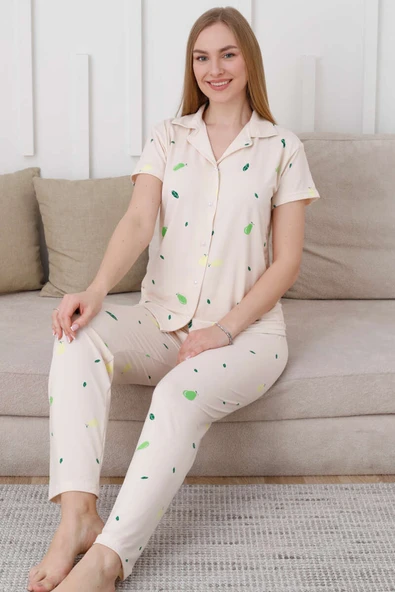 Armut Desen Düğmeli Kısa Kol Pijama Takım Bej