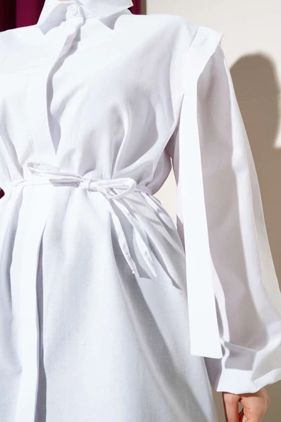 İp Kuşaklı Omuz Pelerinli Gömlek Beyaz - 4