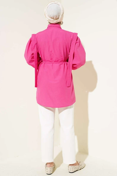 İp Kuşaklı Omuz Pelerinli Gömlek Fuşya - Resim 3