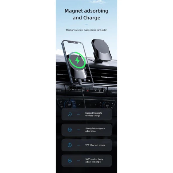 Mcdodo 15W iphone Magsafe Araç Kablosuz Şarj ve Tutucu CH-7071 - 4
