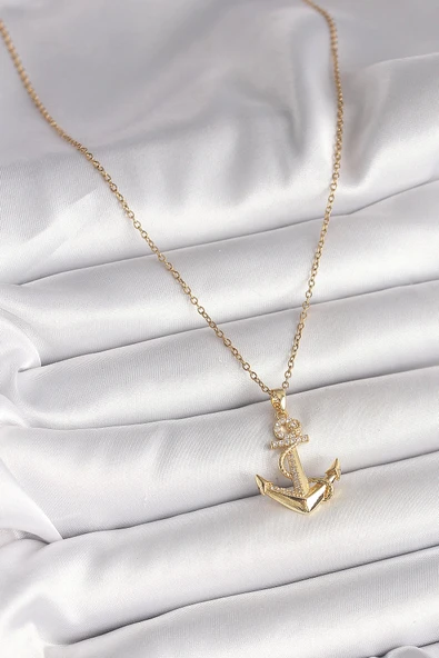 316L Çelik Gold Renk Zincir Zirkon Taş Detaylı Çapa Model Kadın Kolye - 2