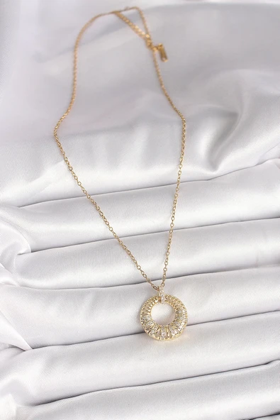 316L Çelik Gold Renk Zincir Zirkon Taş İşlemeli Daire Model Kadın Kolye - 2