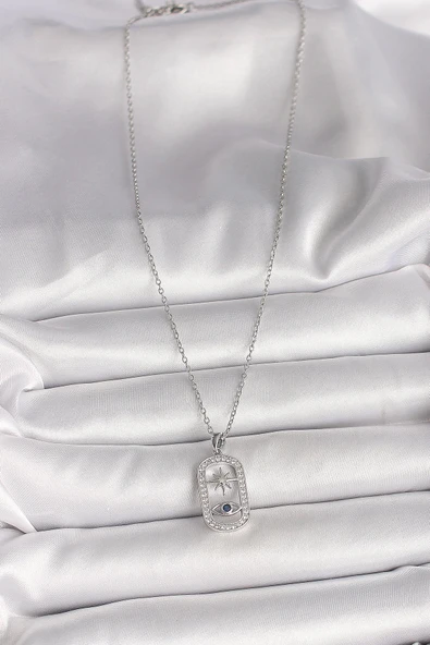 316L Çelik Gümüş Renk Zincir Zirkon Taşlı Göz Yıldız Model Kadın Kolye - 2