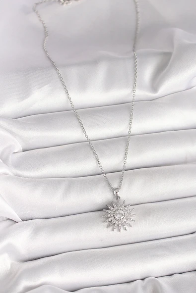 316L Çelik Gümüş Renk Zincir Zirkon Taşlı Güneş Model Kadın Kolye - 2