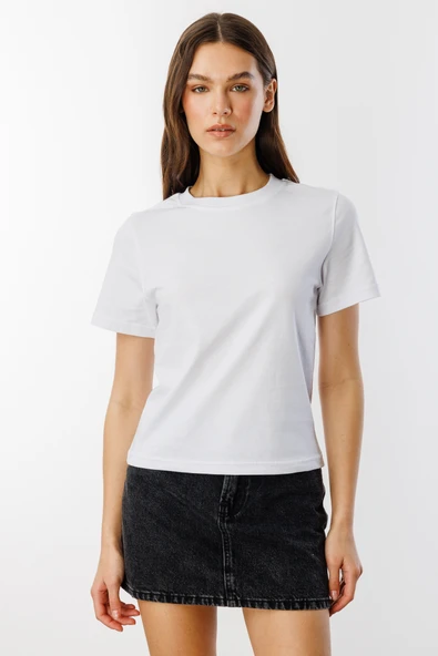 Kadın T-shirt Kısa Kollu Organik Pamuklu Bisiklet Yaka Crop T-shirt - 6
