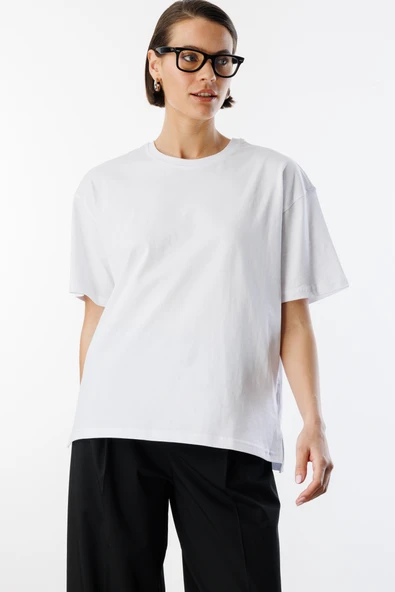 Kadın %100 Organik Pamuk Relaxed Fit Yırtmaçlı Yuvarlak Yaka T-shirt YIRTMAÇLI-T-SHIRT - 4