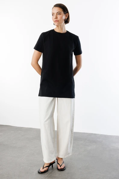 Regular Fit Bisiklet Yaka Basic Düz Kısa Kollu %100 Pamuk Tunik OVERSIZE-TUNIK - 7