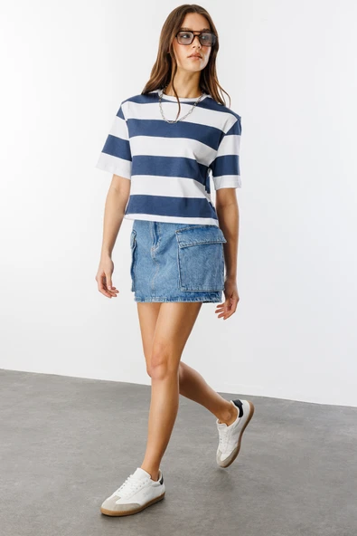 Boxy Fit Bisiklet Yaka Çizgili Basic Kısa Kollu Tişört CROP-ÇİZGİLİ - 2