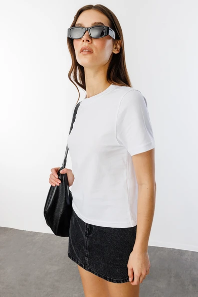 Kadın T-shirt Kısa Kollu Organik Pamuklu Bisiklet Yaka Crop T-shirt - 9
