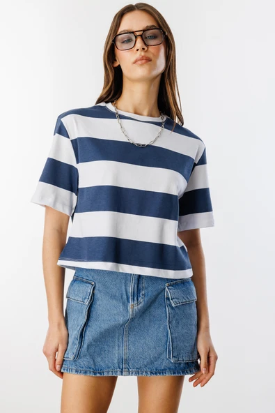 Boxy Fit Bisiklet Yaka Çizgili Basic Kısa Kollu Tişört CROP-ÇİZGİLİ - 3