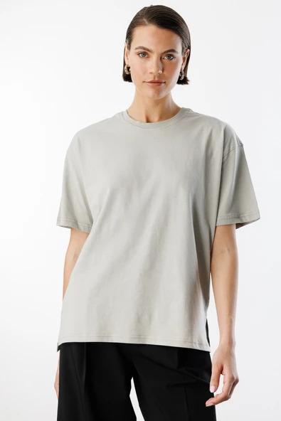 Kadın %100 Organik Pamuk Relaxed Fit Yırtmaçlı Yuvarlak Yaka T-shirt YIRTMAÇLI-T-SHIRT - 7