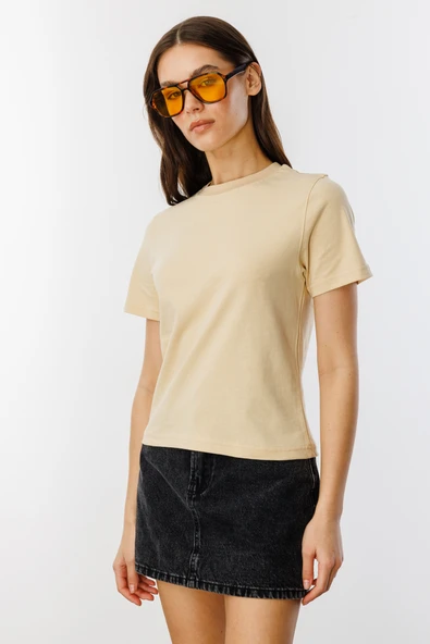 Kadın T-shirt Kısa Kollu Organik Pamuklu Bisiklet Yaka Crop T-shirt - 3