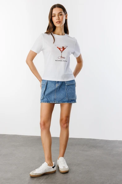 Kadın Cocktail Baskı Desenli Kısa Kollu Organik Pamuklu Bisiklet Yaka Crop T-shirt COCKTAIL-T-SHIRT - 2